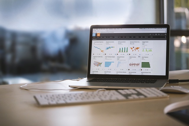 business professional analyzing data dashboards on laptop